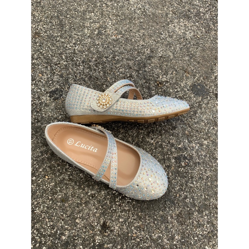 Kids Party Silver Rhinestone Velcro Ballet Flats